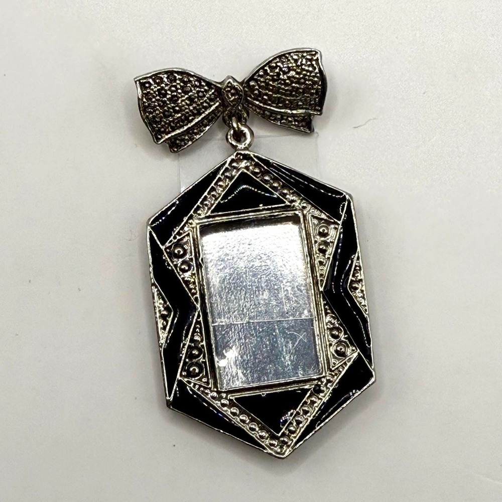 Vintage Art Deco Style Silver Tone Black Enamel Bow Mirror Pendant Brooch Pin